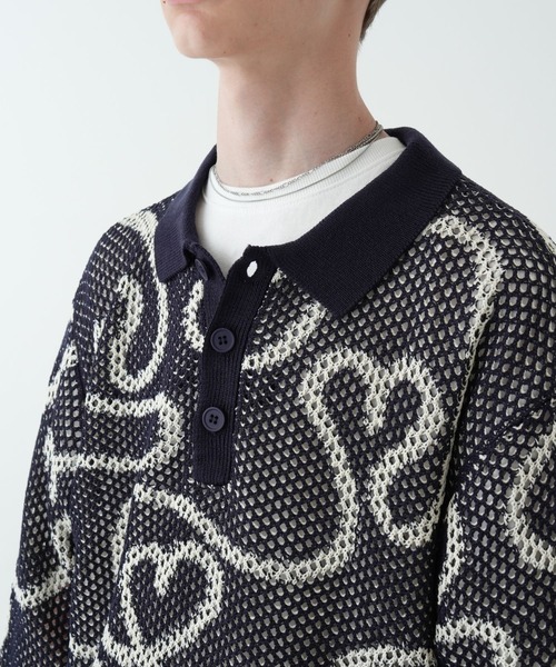 Gaphos （ガフォス）の「シアーハートニットポロ(ダブルジャガードメッシュニットプルオーバー)（ニット/セーター・メンズ・ベージュ/ネイビー・1/2）」の10枚目の写真