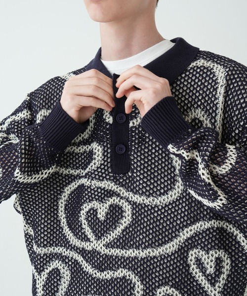 Gaphos （ガフォス）の「シアーハートニットポロ(ダブルジャガードメッシュニットプルオーバー)（ニット/セーター・メンズ・ベージュ/ネイビー・1/2）」の11枚目の写真