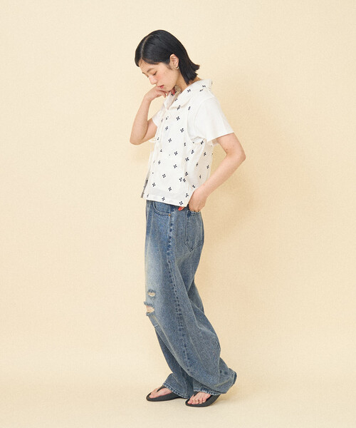 FREAK'S STORE（フリークスストア）の「インド 小花刺繍 襟付きリボンベスト＜セットアップ対応＞（ベスト・レディース・オフホワイト/ブルー/ブラック・ﾌﾘ-）」の7枚目の写真