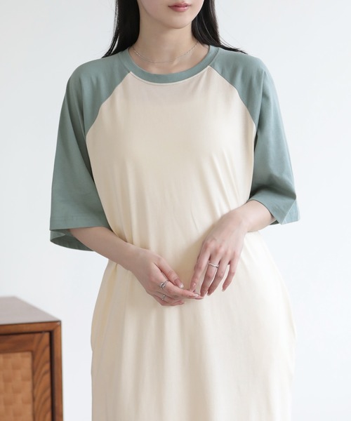 SUNFLOWER EIGHT(サンフラワーエイト)の「ラグランTシャツワンピ(ワンピース・レディース・アイボリー/チャコールグレー・M)」の3枚目の写真