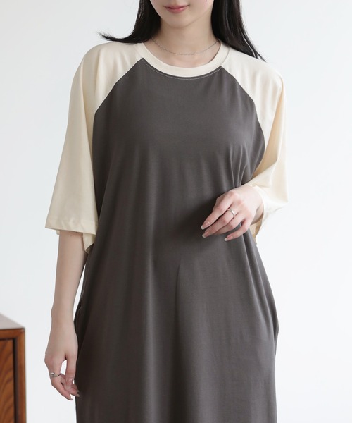 SUNFLOWER EIGHT(サンフラワーエイト)の「ラグランTシャツワンピ(ワンピース・レディース・アイボリー/チャコールグレー・M)」の7枚目の写真