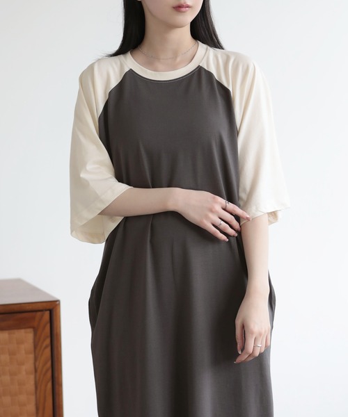SUNFLOWER EIGHT(サンフラワーエイト)の「ラグランTシャツワンピ(ワンピース・レディース・アイボリー/チャコールグレー・M)」の10枚目の写真