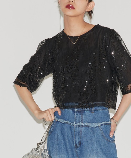 ブラウス レディース スパンコール ボクシー クロップド丈 クラム ECLAM ECLAM（クラム）の「スパンコールクロップドブラウス（シャツ