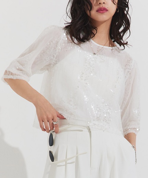 ブラウス レディース スパンコール ボクシー クロップド丈 クラム ECLAM ECLAM（クラム）の「スパンコールクロップドブラウス（シャツ