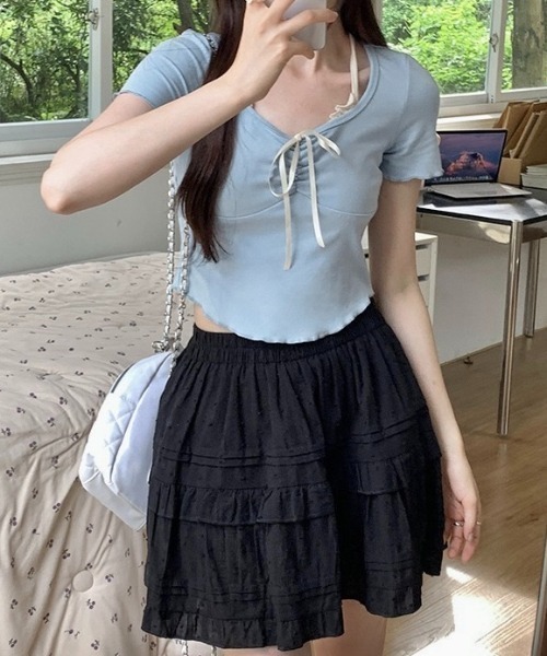 LADY LIKE(レディライク)の「胸リボンレイヤード風コンパクトトップス(Tシャツ/カットソー・レディース・ライトベージュ/ピンク/サックスブルー・M)」の12枚目の写真
