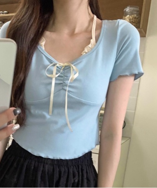 LADY LIKE(レディライク)の「胸リボンレイヤード風コンパクトトップス(Tシャツ/カットソー・レディース・ライトベージュ/ピンク/サックスブルー・M)」の11枚目の写真