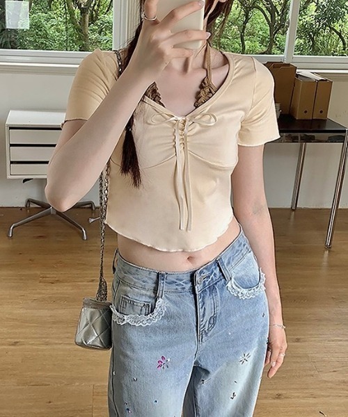 セール】胸リボンレイヤード風コンパクトトップス（Tシャツ/カットソー