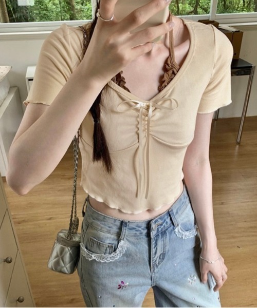 LADY LIKE(レディライク)の「胸リボンレイヤード風コンパクトトップス(Tシャツ/カットソー・レディース・ライトベージュ/ピンク/サックスブルー・M)」の20枚目の写真