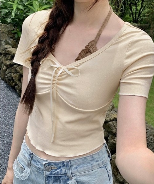 LADY LIKE(レディライク)の「胸リボンレイヤード風コンパクトトップス(Tシャツ/カットソー・レディース・ライトベージュ/ピンク/サックスブルー・M)」の16枚目の写真
