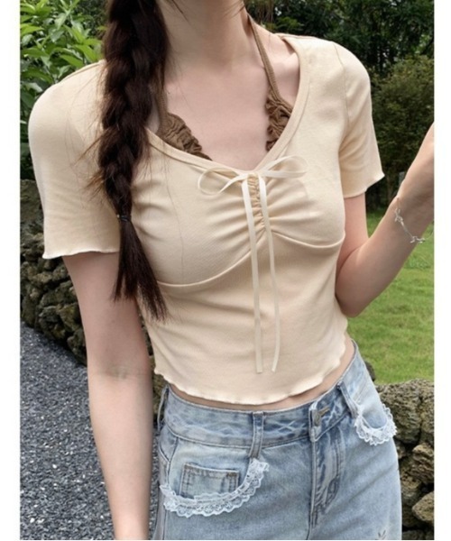 LADY LIKE(レディライク)の「胸リボンレイヤード風コンパクトトップス(Tシャツ/カットソー・レディース・ライトベージュ/ピンク/サックスブルー・M)」の17枚目の写真