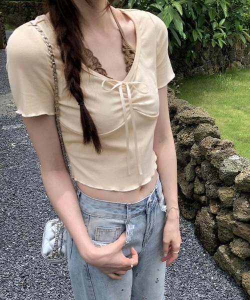 胸元スッキリ細見え✨タイトトップス 春夏コーデ 女子会デートにも最適 Amazon.co.jp: [YYSMRB] レディース 2点セット 長袖トップス