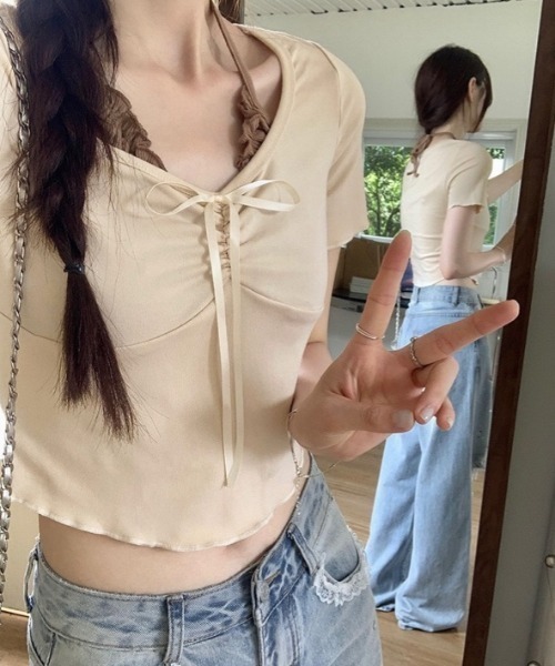 LADY LIKE(レディライク)の「胸リボンレイヤード風コンパクトトップス(Tシャツ/カットソー・レディース・ライトベージュ/ピンク/サックスブルー・M)」の21枚目の写真