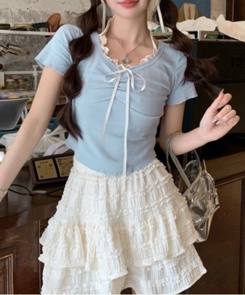 セール】胸リボンレイヤード風コンパクトトップス（Tシャツ/カットソー