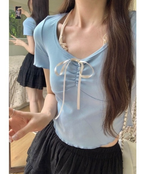 LADY LIKE(レディライク)の「胸リボンレイヤード風コンパクトトップス(Tシャツ/カットソー・レディース・ライトベージュ/ピンク/サックスブルー・M)」の14枚目の写真