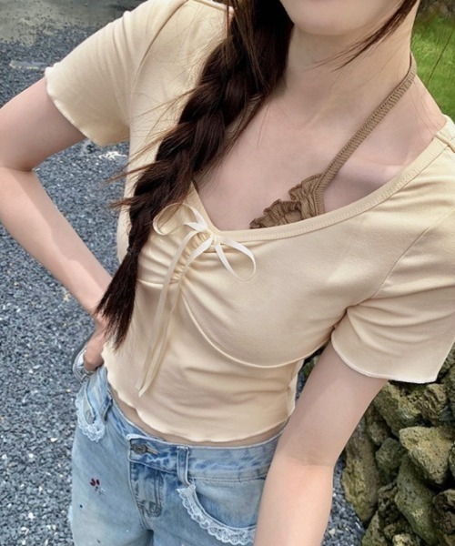LADY LIKE(レディライク)の「胸リボンレイヤード風コンパクトトップス(Tシャツ/カットソー・レディース・ライトベージュ/ピンク/サックスブルー・M)」の18枚目の写真