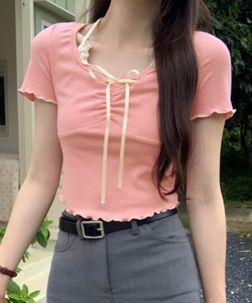 LADY LIKE(レディライク)の「胸リボンレイヤード風コンパクトトップス(Tシャツ/カットソー・レディース・ライトベージュ/ピンク/サックスブルー・M)」の10枚目の写真