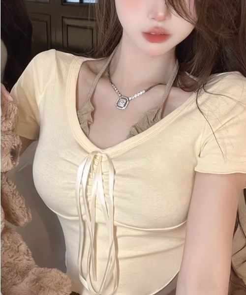 LADY LIKE(レディライク)の「胸リボンレイヤード風コンパクトトップス(Tシャツ/カットソー・レディース・ライトベージュ/ピンク/サックスブルー・M)」の6枚目の写真