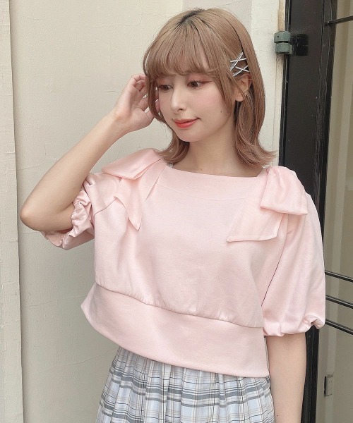 tシャツ ショルダーリボンオフショルトップス レディース me+em select tシャツ 「 2WAY 」ストラップリボンオフ