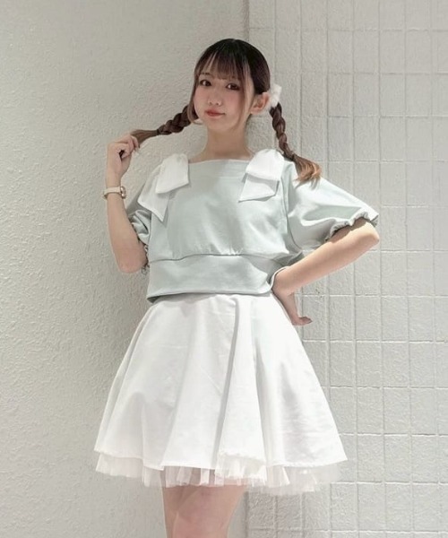 tシャツ ショルダーリボンオフショルトップス レディース me+em select tシャツ 「 2WAY 」ストラップリボンオフ