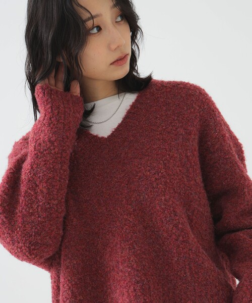 セール】ロング Tシャツ × ブークレ ニット (ニット手洗い可)（ニット