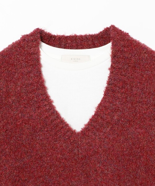 セール】ロング Tシャツ × ブークレ ニット (ニット手洗い可)（ニット