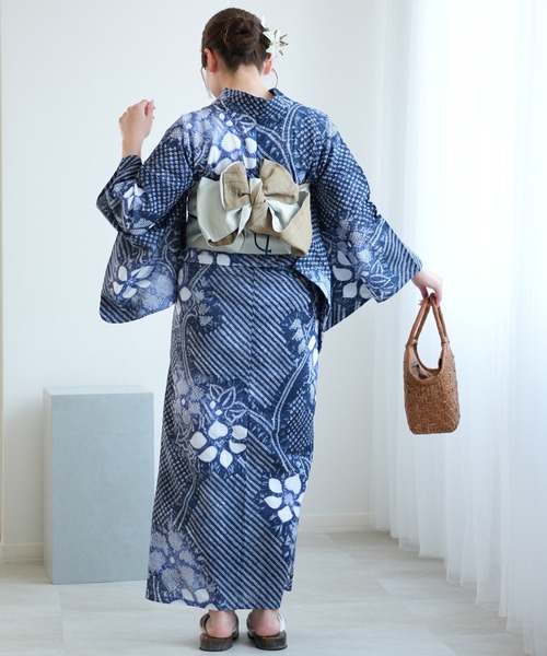 有松絞り浴衣 　セットアップ上下 utatane 浴衣 有松絞り浴衣3点セット 鉄紺に葡萄 レディース