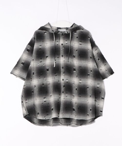 Figments（フィグメンツ）の「ダメージフード半袖チェックシャツ（シャツ/ブラウス・レディース・ブラック/ブラウン・FREE）」の19枚目の写真