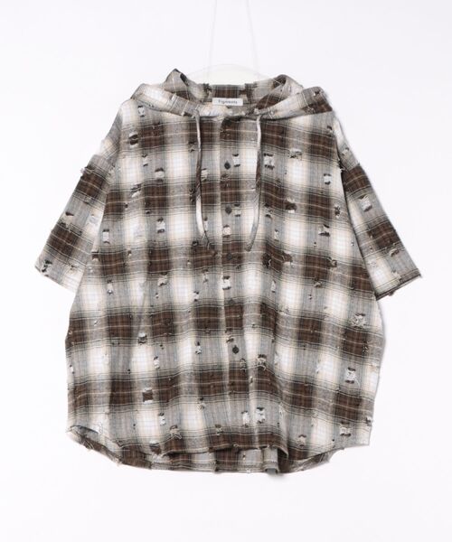 Figments（フィグメンツ）の「ダメージフード半袖チェックシャツ（シャツ/ブラウス・レディース・ブラック/ブラウン・FREE）」の20枚目の写真
