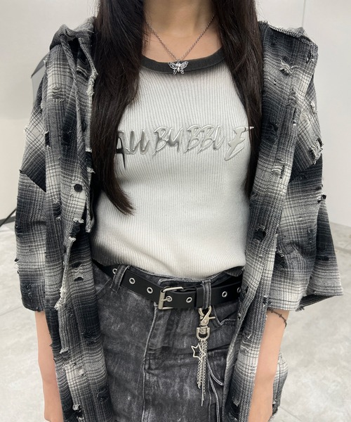 Figments（フィグメンツ）の「ダメージフード半袖チェックシャツ（シャツ/ブラウス・レディース・ブラック/ブラウン・FREE）」の4枚目の写真