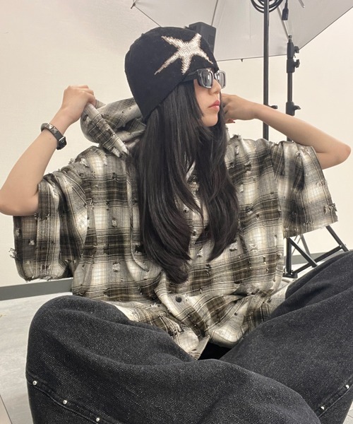 Figments（フィグメンツ）の「ダメージフード半袖チェックシャツ（シャツ/ブラウス・レディース・ブラック/ブラウン・FREE）」の17枚目の写真