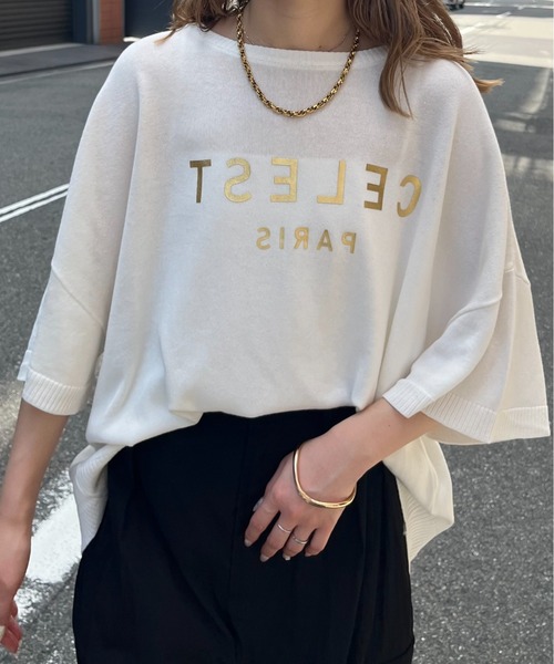 terrace(テラス)の「箔ロゴプリント天竺ニットトップス(ニット/セーター・レディース・サーモンピンク/杢グレー/オフホワイト/ブラック・MEDIUM)」の6枚目の写真