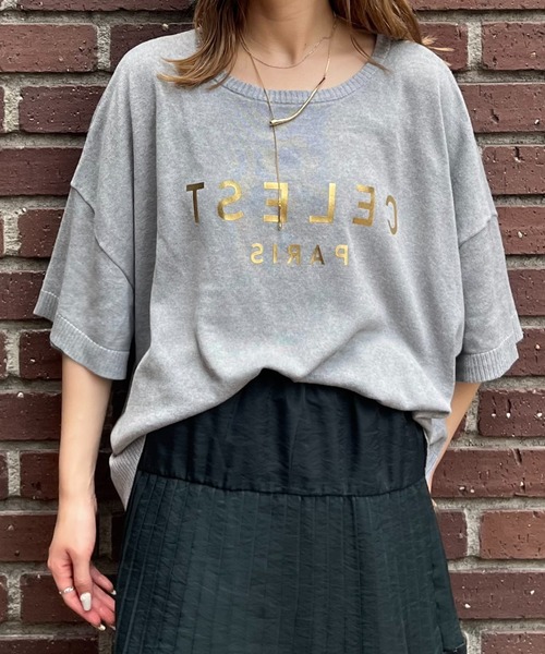 terrace(テラス)の「箔ロゴプリント天竺ニットトップス(ニット/セーター・レディース・サーモンピンク/杢グレー/オフホワイト/ブラック・MEDIUM)」の18枚目の写真
