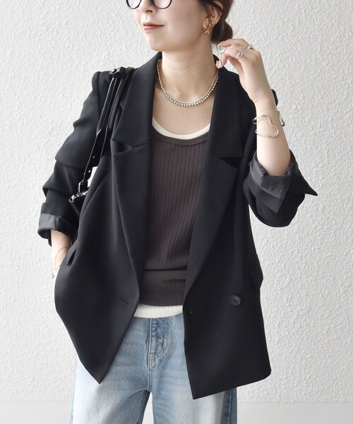 SHIPS any:〈洗濯機可能〉ダブルクロス セミダブル ジャケット［NAVY