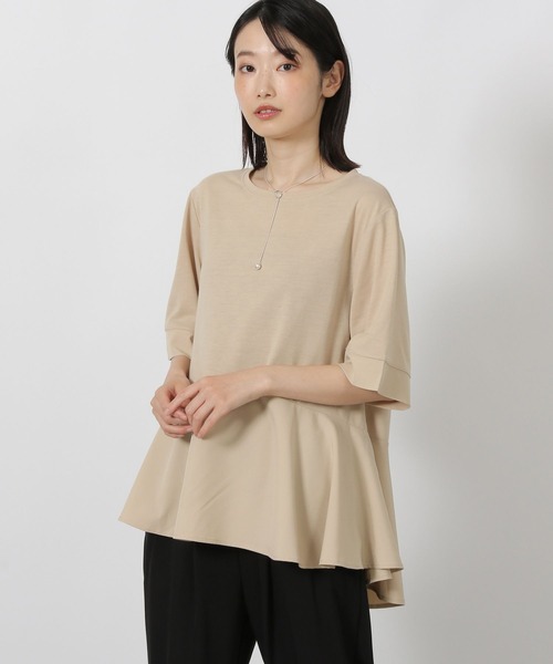 LAKOLE(ラコレ)の「異素材きりかえ半袖 / 593578(Tシャツ/カットソー・レディース・ボルドー/ベージュ/チャコール・FREE)」の1枚目の写真