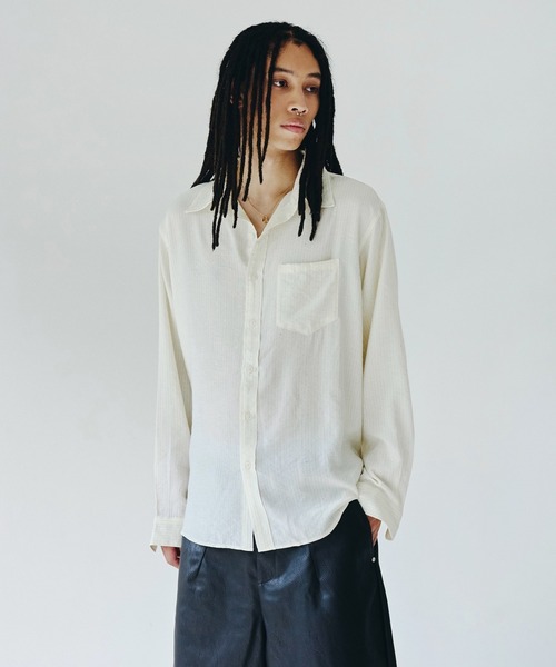 Camphor wood（カンファーウッド）の「shinee rayon stripe l/s shirt / ラインストーンストライプレーヨンL/Sシャツ（シャツ/ブラウス・メンズ・ピンク/アイボリー・SMALL/MEDIUM/LARGE）」の2枚目の写真