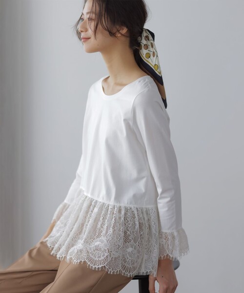 組曲（クミキョク）の「レースコンビ ロングTシャツ（Tシャツ/カットソー・レディース・ホワイト系・3/2）」の2枚目の写真