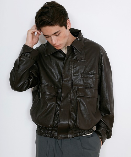 DRAW（ドロー）の「DRAW(ドロー) / ビッグシルエット フェイクレザーブルゾン（ユニセックス）（ブルゾン・メンズ・ダークウッド/ブラック・S/LARGE/MEDIUM/SMALL）」の7枚目の写真