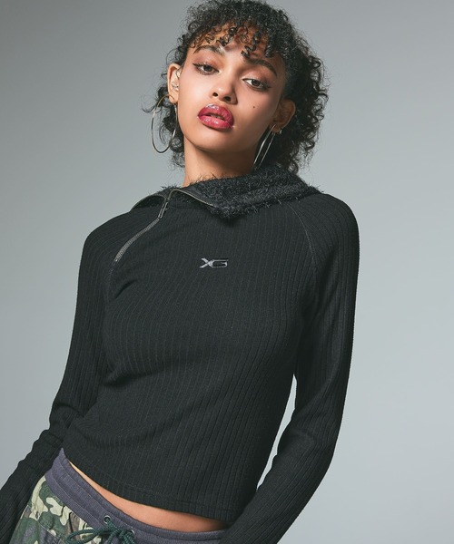 X-girl（エックスガール）の「HAIRY HOODED HALF ZIP TOP（パーカー