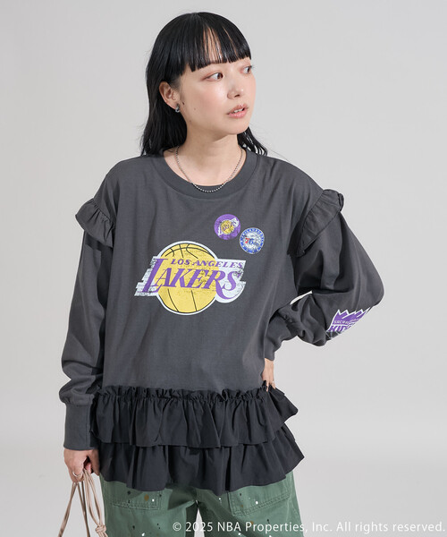 FREAK'S STORE(フリークスストア)の「NBA 布帛ドッキング チュニック ロンT(Tシャツ/カットソー・レディース・チャコールグレー/オフホワイト/ライトグレー・フリ-)」の1枚目の写真