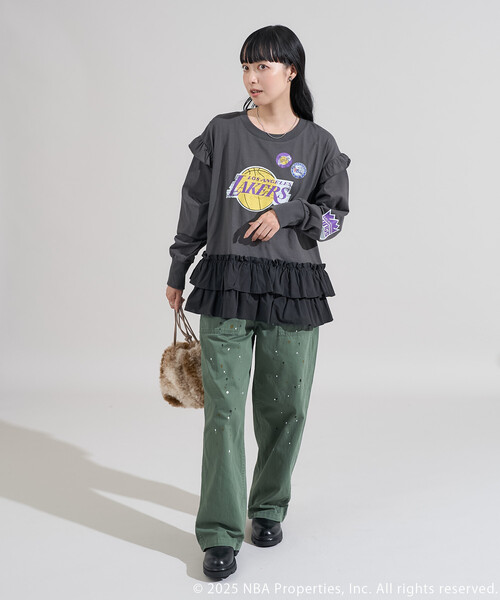 FREAK'S STORE(フリークスストア)の「NBA 布帛ドッキング チュニック ロンT(Tシャツ/カットソー・レディース・チャコールグレー/オフホワイト/ライトグレー・フリ-)」の4枚目の写真