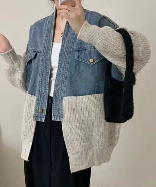 2ly2(トゥーリートゥー)の「デニム×ニット切り替えカーディガン(デニムジャケット・レディース・ベージュ/ダークグレー・FREE)」の1枚目の写真