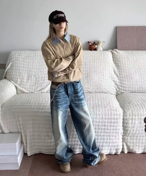 FreeZone（フリーゾーン）の「チェックシャツレイヤード風スタンドカラージャケット（ブルゾン・メンズ・ベージュ/ネイビー・F）」の7枚目の写真