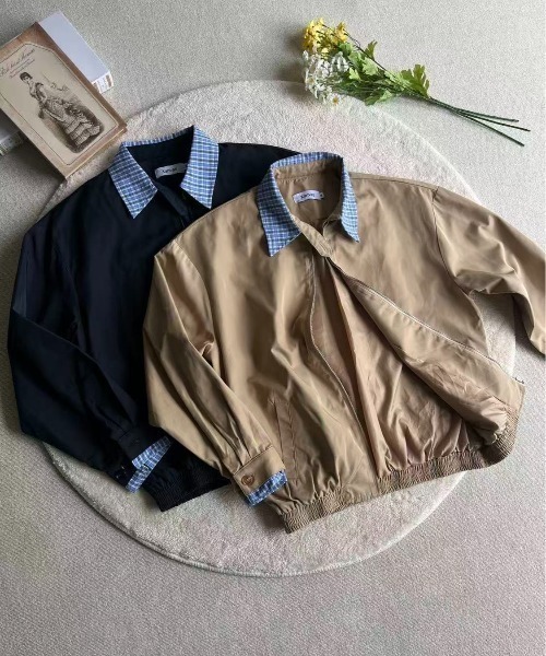 FreeZone（フリーゾーン）の「チェックシャツレイヤード風スタンドカラージャケット（ブルゾン・メンズ・ベージュ/ネイビー・F）」の14枚目の写真