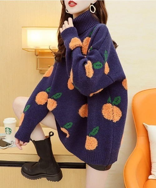 セール】着るだけで気分が上がる、フルーツ柄ロングニット。（ニット