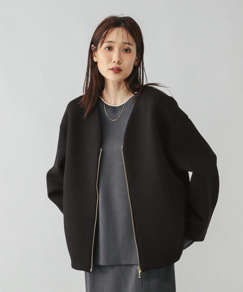 【タイムセール】アタッチメント　グラデーションジャガードノーカラーブルゾン セール】ノーカラー長袖ショート丈ジップアップダンボールシアー