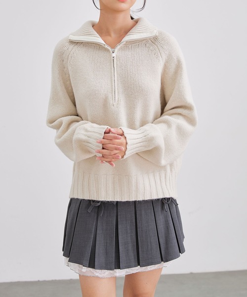 Lace Ladies（レースレディース）の「ウールタッチ 襟付き ハーフジップ ニット プルオーバー（ニット/セーター・レディース・ベージュ/ブラック/アイボリー/グレー・FREE）」の2枚目の写真