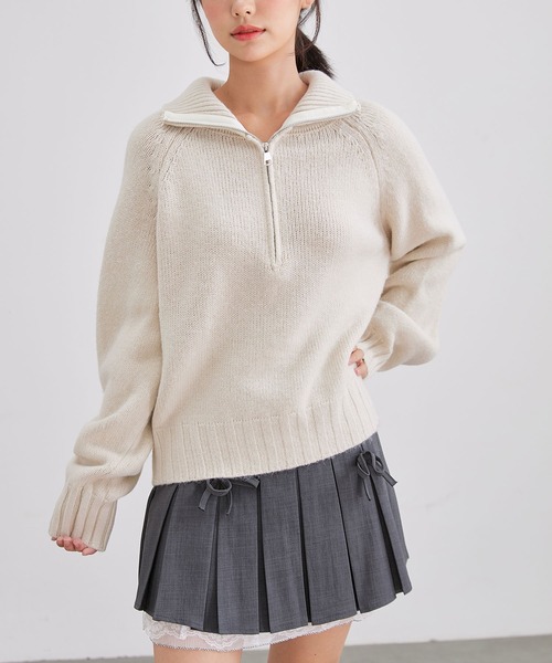 Lace Ladies（レースレディース）の「ウールタッチ 襟付き ハーフジップ ニット プルオーバー（ニット/セーター・レディース・ベージュ/ブラック/アイボリー/グレー・FREE）」の13枚目の写真