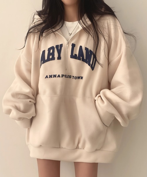 yuue' ( wear )(ユーイ)の「ボアオーバーサイズロゴハーフジップパーカー/フーディー(パーカー・レディース・アイボリー/ブラック・FREE)」の1枚目の写真