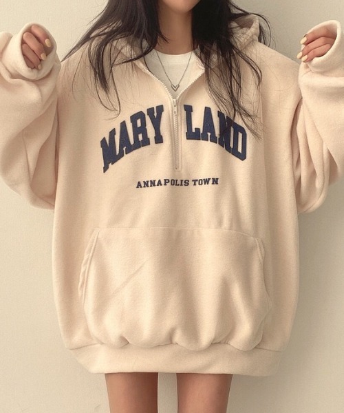 yuue' ( wear )(ユーイ)の「ボアオーバーサイズロゴハーフジップパーカー/フーディー(パーカー・レディース・アイボリー/ブラック・FREE)」の4枚目の写真