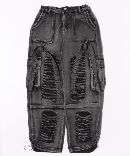 セール】【ダメージリメイク風 ストラップ付きデニムパンツ】（デニム